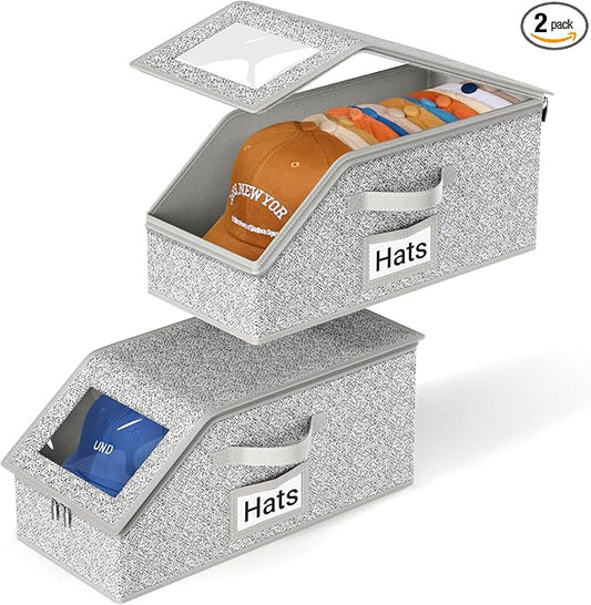 AOODA 2 PCS Stackable Hat Storage for Baseball Caps, Holds up to 24 Caps Hat Organizer for Closet, Sturdy Snapback Boxes for Men with Cardboard, Grey
