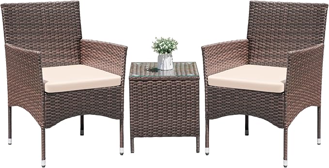 Greesum 3 Pieces Patio Dining PE Rattan Wicker Chair Furniture Set with Cushion and Glass Coffee Table for Outdoor Garden Backyard Poolside, Brown and Beige