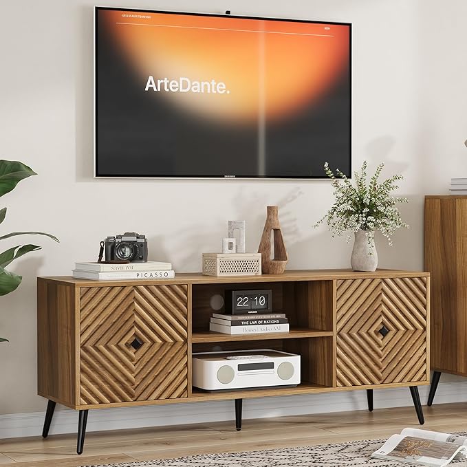 55.2" TV Stand for TVs up to 65 Inch, Entertainment Center with Storage and Adjustable Shelves, Modern Media Console for Living Room, Walnut