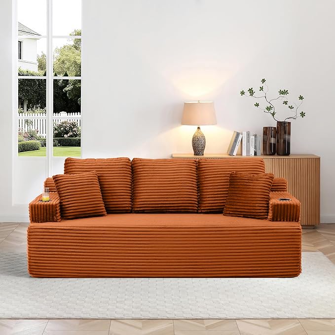 Eafurn Floor Loveseat Boneless Sofa Couch in a Box with Cup Holder and Side Pockets, 3 Seater Comfy Corduroy Upholstered Foam Couch with Deep Seating for Living Room,No Assembly | Breathable material, Cupholders