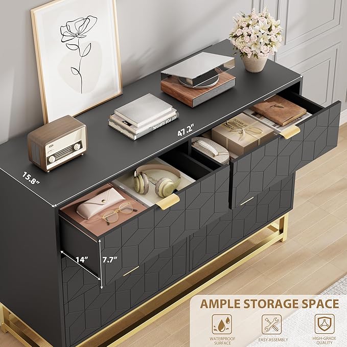 GAOMON Black 6 Drawer Double Dresser,Modern Dresser for Bedroom with Gold Handles,Long Storage Organizer for Closet & TV Stand,Large Chest of Drawers for Living Room,Hallway,Entryway