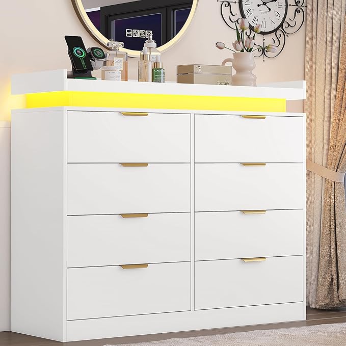 8 Drawer Dresser for Bedroom, White Dresser with LED Lights and Power Outlet, Wooden Dressers Chests of Drawers, Double Wide Dressers for Bedroom, Entryway, Hallway