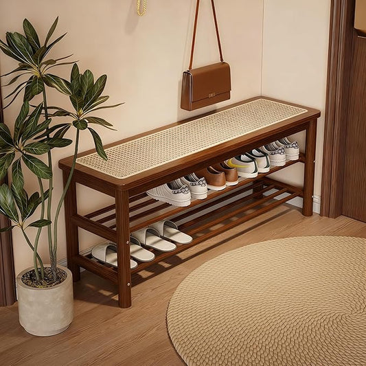 Bamboo Shoe Rack Bench with Rattan Seat, 3-Tier Shoe Storage Bench, Entryway Bench for Hallway,Walnut 39.4 inches