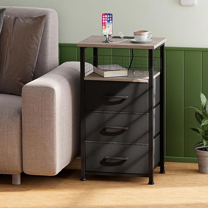 Night Stand Set 2 with Charging Station, End Table Set of 2 with 20 Colors LED Light Strip, 3 Fabric Drawers, Bedside Table with USB Ports and Outlets for Bedroom (Grey)