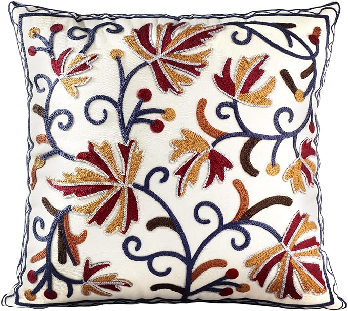 Embroidered Throw Pillow Cover - 20x20 Decorative Pillow Cover with Zipper Aesthetic Cute Design Boho Spring Summer Throw Pillowcase for Living Room Couch Sofa Bed, Fall Flower