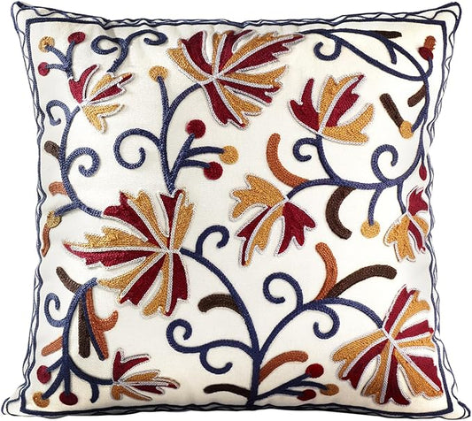 Embroidered Throw Pillow Cover - 20x20 Decorative Pillow Cover with Zipper Aesthetic Cute Design Boho Spring Summer Throw Pillowcase for Living Room Couch Sofa Bed, Fall Flower