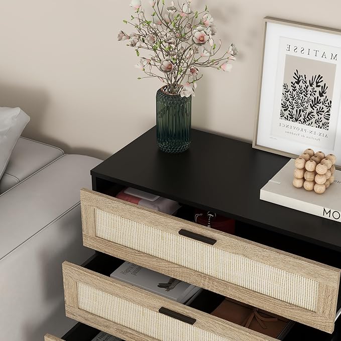Panana 3/6/8 Drawers Dresser, Wooden Rattan Chest of Drawers with Rattan Front Spacious Storage Chest Bedside Table Nightstand Cabinet for Living Room, Closet, Hallway, Bedroom