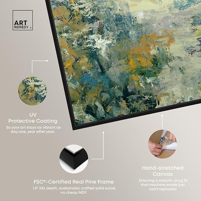 Art Remedy Green Moss Monet Garden Green Abstract Canvas Wall Art, Black Floater Frame, 24"x36"