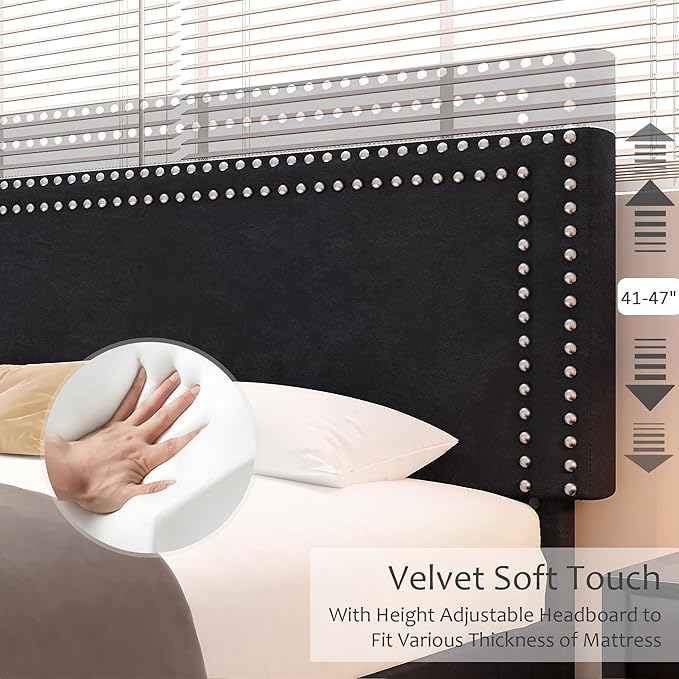 Full Size Platform Bed Frame with Adjustable Upholstered Headboard, Modern Mattress Foundation,Strong Wood Slat Support, No Box Spring Needed, Easy Assembly