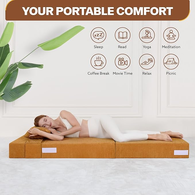Fvkind Folding Sofa Bed, 4 in 1 Convertible Sleeper Sofa Bed Chair with Pillow, Twin Memory Foam Loveseat Futon Sleeper Chair, Foldable Futon Couch for Living Room, Bedroom, Guest Room, Yellow