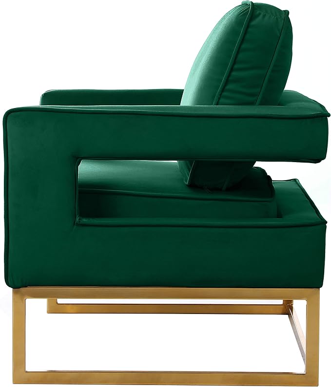 Meridian Furniture Noah Collection Modern | Contemporary Velvet Upholstered Accent Chair with Durable Stainless Steel Base, Green, Gold Base