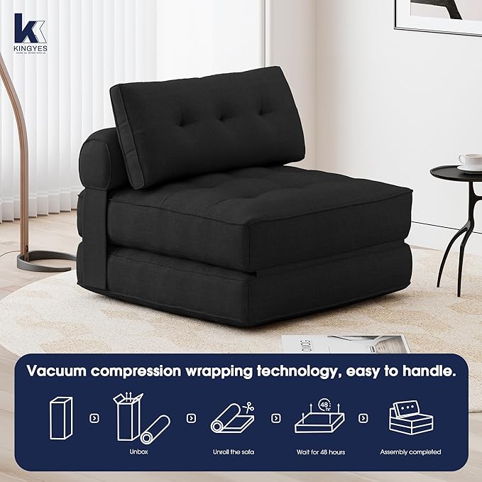 KINGYES Folding Chair Bed, 3 in 1 Convertible Sleeper Chair with Pillow, Black