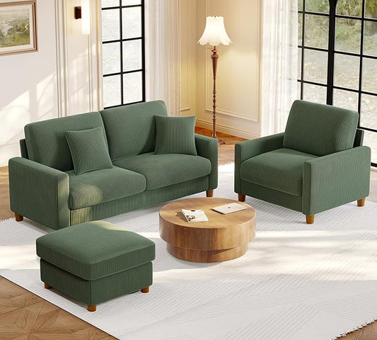 Welzona 70.2" Couches for Living Room, Comfy Sofa Set Tool-Free Setup, Corduroy Couch Set 7.1" Thicker Cushion, Accent Chair with Ottoman 848lbs Support, Sofas for Living Room Home Office, Green