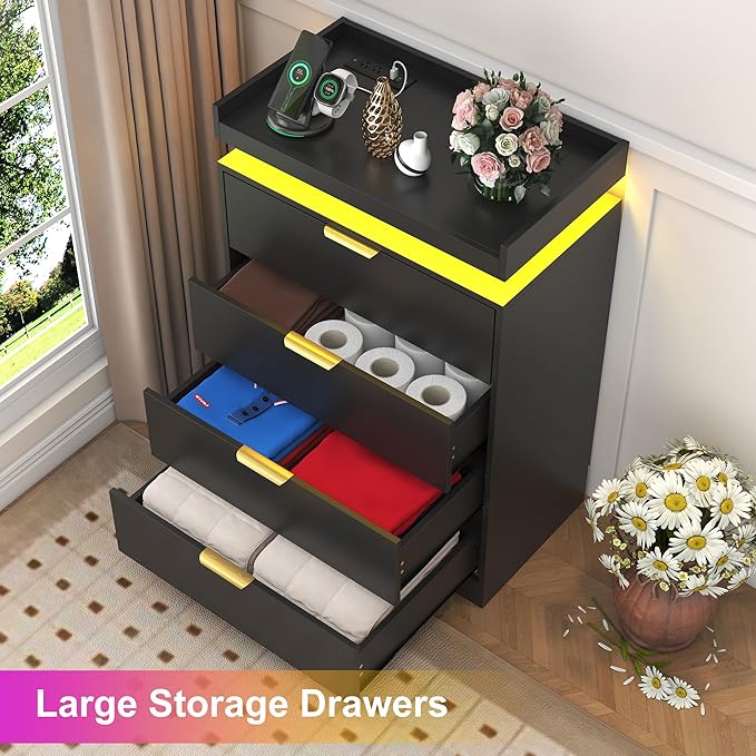 Black Dresser with LED Lights, Wooden LED Dresser, 4 Drawer Chest with Charging Station, Tall Chest of Drawer Closet Organizer for Bedroom, Living Room, Entryway, Hallway