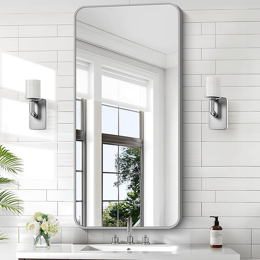 KOCUUY Silver Bathroom Mirror, 24x48 Inch Bathroom Mirror for Over Sink, HD Tempered Glass, Anti-Rust Brushed Silver Frame, Rounded Corner Modern Design for Bathroom, Hang Horizontal/Vertical