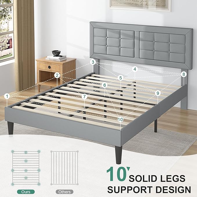 VECELO Queen Size Bed Frame with Adjustable Headboard, Upholstered Button Tufted Platform Bedframe with Wood Slats Support, No Box Spring Needed, Linen & Light Grey