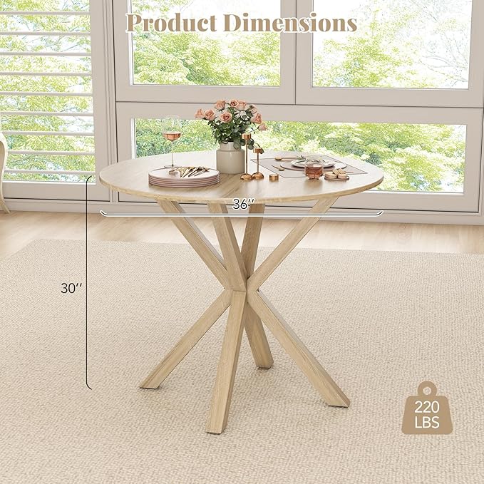 Moccha 36" Round Dining Table for 4 - Rubber Wood Kitchen Table with Intersecting Trestle Legs, Vintage Bar Table, Farmhouse Dining Room Tables for Dinette, Small Space, Restaurant, Bistro (Oak)