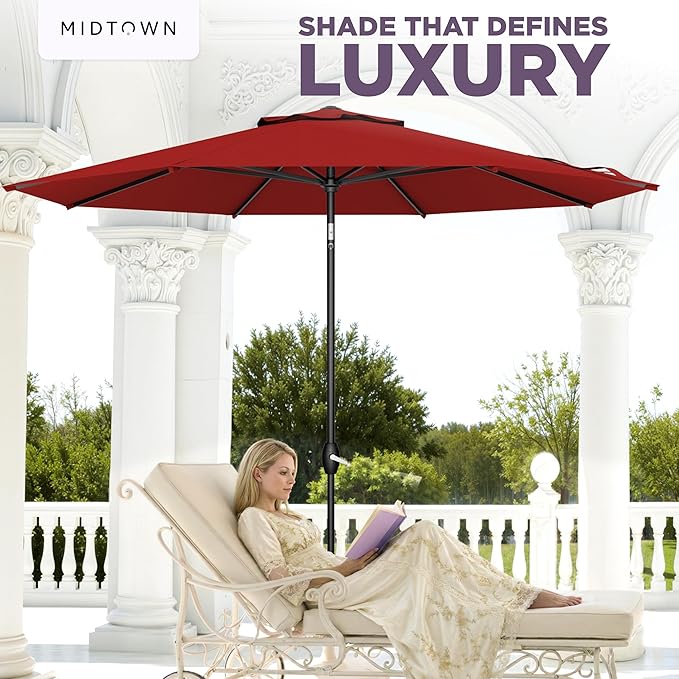 Midtown Umbrellas - The Lean 8 Ft Patio Umbrella with Fade-Resistant Sunbrella Fabric, Auto-Tilt Aluminum Frame and 8 Reinforced Ribs for Deck, Pool & Garden - Red Canopy, Black Pole