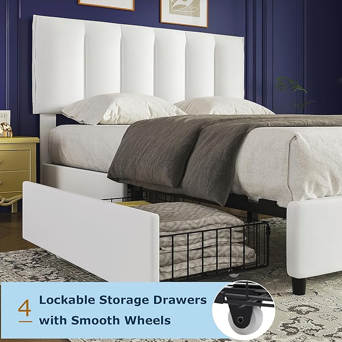 VECELO Full Size Bed Frame with 4 Storage Drawers, Adjustable Height Headboard, Heavy-Duty Platform Bedframe with Strong Wooden Slats, No Box Spring Needed, Pure White