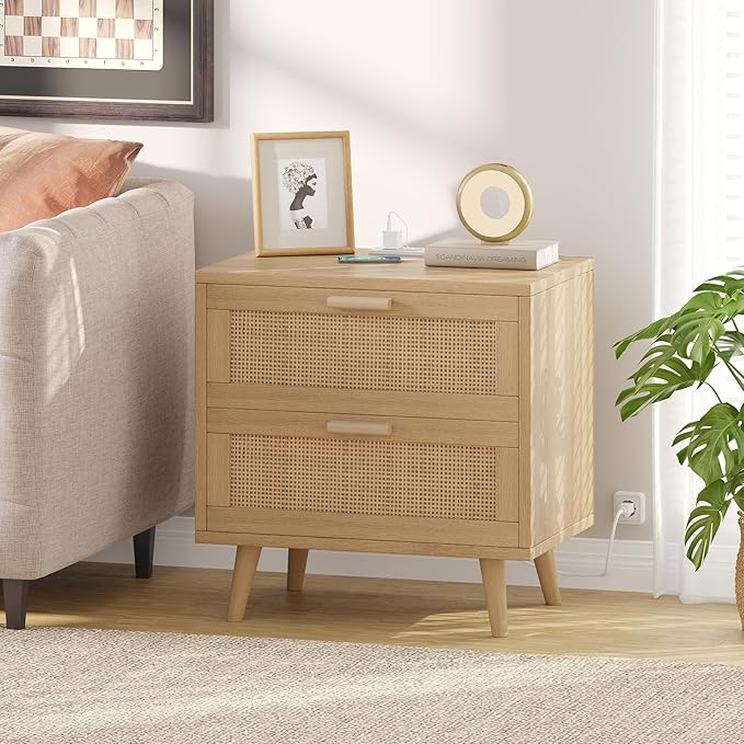 Rovaurx Rattan Nightstand with 2 Drawers, 23.6" Wide Bedside Table Night Stand with Charging Station, End Table for Bedroom, Boho Side Table with Solid Wood Legs for Bedroom, Modern Natural RCTG111ME