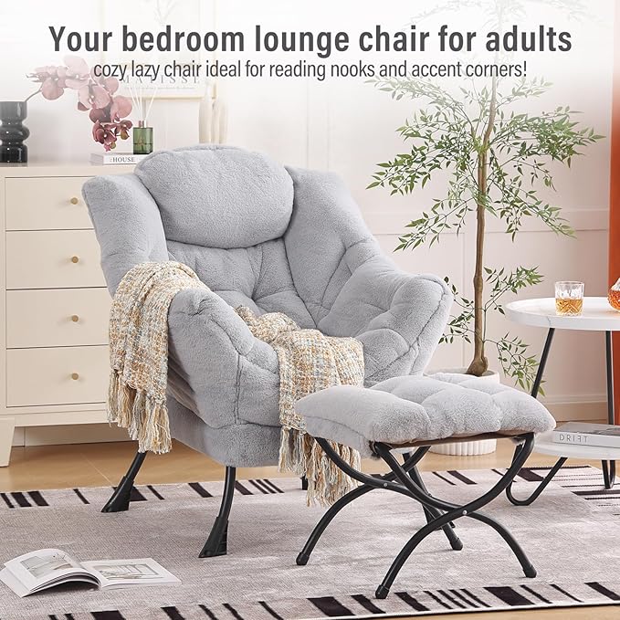 Lazy Chair with Ottoman, Modern Chair with Folding Footrest, Plush Grey Accent Chair, Comfortable Reading Chair, Oversized Armchairs for Bedroom, Study, Living Room, Courtyard
