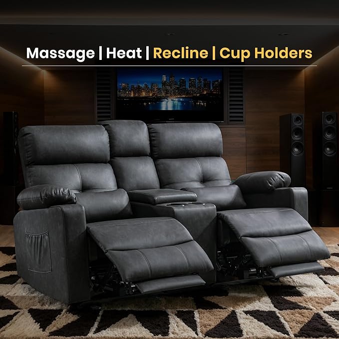 GUEAPY 68" Power Reclining Loveseat with Heat & Massage, Wall Hugger Double Reclining Sofa with Console, Cup Holders & Storage, Power Recliner Couch for Camper, Trailer, RV, Home Theater Living Room
