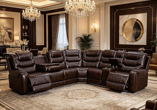 Power Recliner Sectional Sofa with LED Lighting, Breathing Leather Corner Couch with USB Port and Storage Console, Cup Holders– Home Theater & Living Room Seating (Brown)