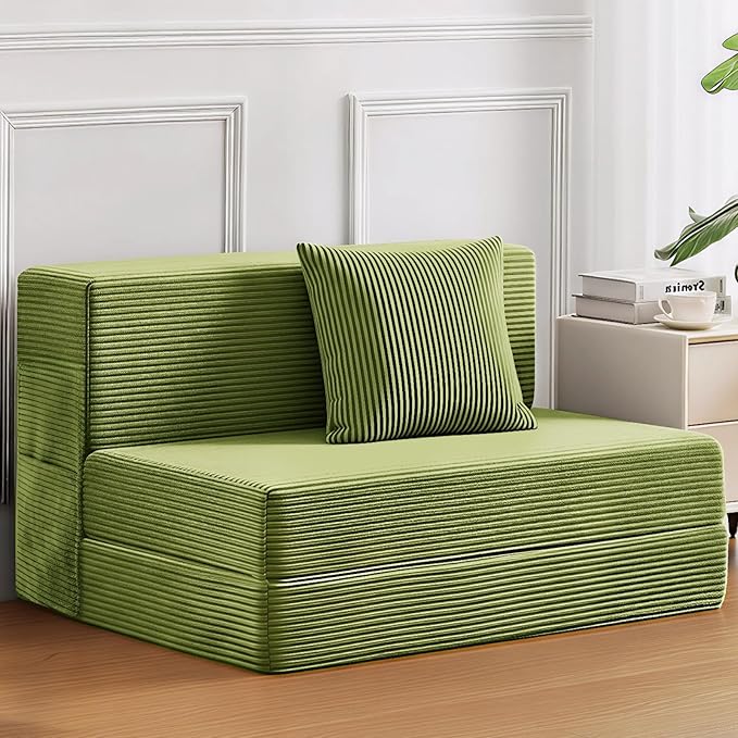 JKMAX Twin Size Folding Sofa Bed - 4 in 1 Convertible Sleeper Chair with Pillow - High Density Memory Foam Futon Couch - Foldable Bed for Living Room Bedroom (Green)