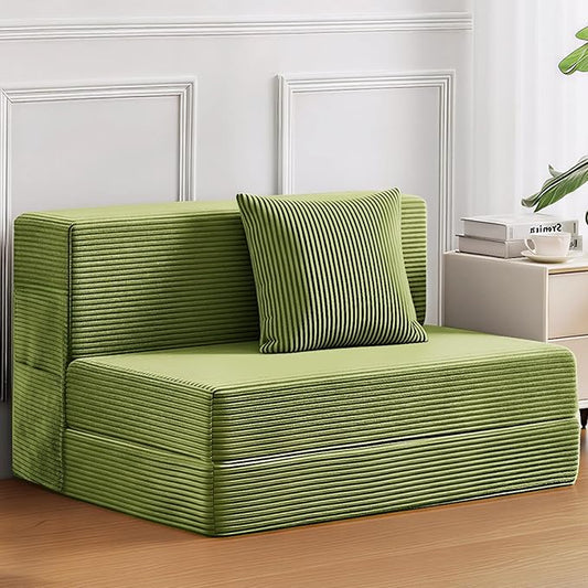 JKMAX Twin Size Folding Sofa Bed - 4 in 1 Convertible Sleeper Chair with Pillow - High Density Memory Foam Futon Couch - Foldable Bed for Living Room Bedroom (Green)