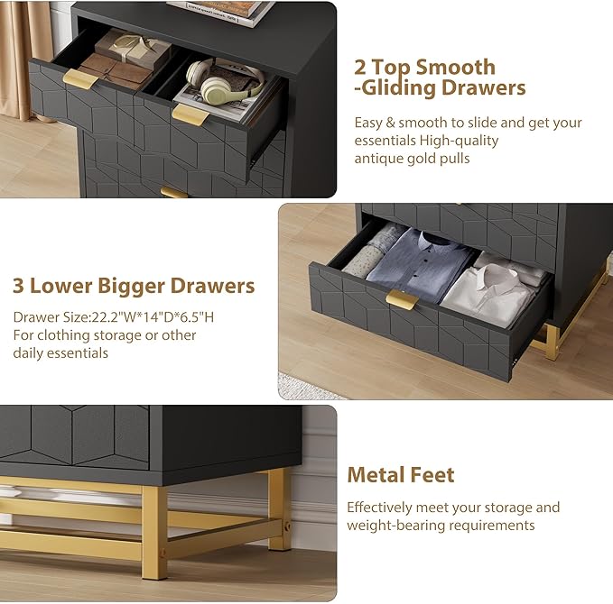 GAOMON Black 5 Drawer Dresser for Bedroom, Chest of Drawers with Metal Base, Modern Dresser Chest Cabinet Organizer for Living Room, Hallway, Closet