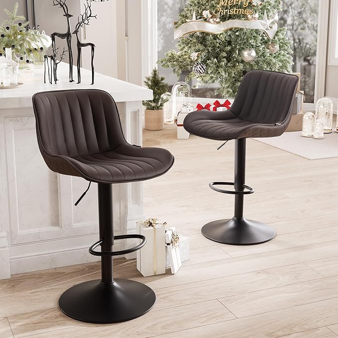 YOUNUOKE Bar Stools Set of 2 Adjustable Counter Height Barstools PU Leather Upholstered Stool with Back Mid Century Modern Chairs for Home Kitchen Island, Brown