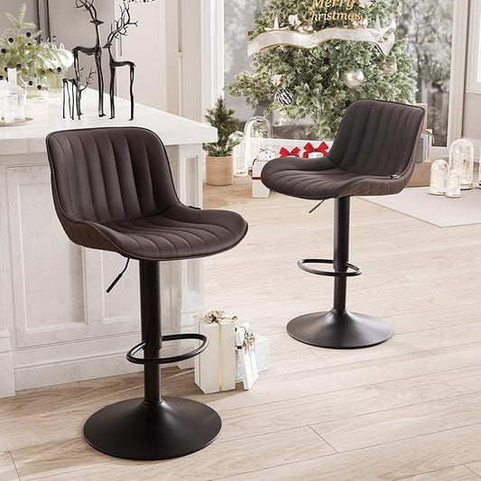 YOUNUOKE Bar Stools Set of 2 Adjustable Counter Height Barstools PU Leather Upholstered Stool with Back Mid Century Modern Chairs for Home Kitchen Island, Brown