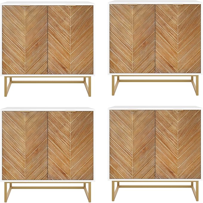 Nathan James Enloe Modern Storage Free Standing Accent Cabinet TV Stand with Doors in a Rustic Pine Wood Finish and Gold Metal Base for Hallway, Entryway or Living Room, Brown/White/Gold, Set of 4