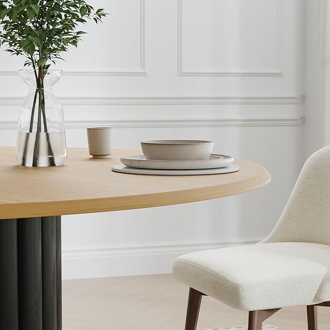 Casaphoria 52" Round Dining Table for 6, Two-Tone Wood Top and Black Pedestal Base, Modern Farmhouse Style, Dining Table Only
