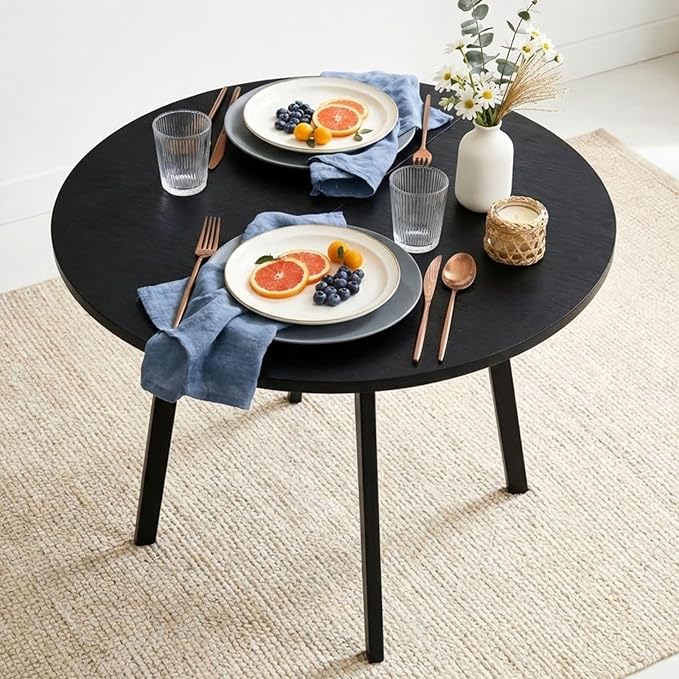 Karl home 35.4in Small Round Dining Table with Wood Finish Steel Legs, Circle Dinner Table for Small Space, Apartment, Office, Kitchen, for 2 to 4 Person - Black