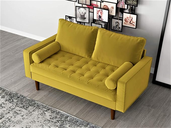 Container Furniture Direct Womble Modern Velvet Upholstered Living Room Diamond Tufted Chesterfield with Gleaming Nailheads, Loveseat, Sofa, Textured Gold
