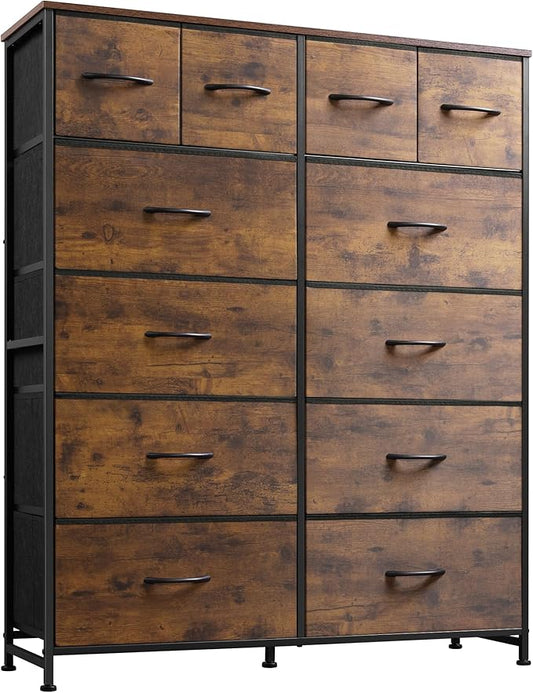 WLIVE Tall Dresser for Bedroom with 12 Drawers, Dressers & Chests of Drawers, Fabric Dressers for Closet, Storage Dresser Organizer with Steel Frame, Wood Top, Rustic Brown Wood Grain Print