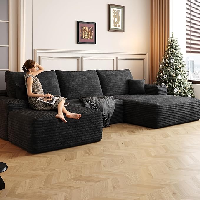 107" U Shaped Corduroy Couch with Ottoman, Compression Boneless Sofa, Deep Seat Cloud Modular Couch, Comfy Sectional Couches for Living Room Bedroom, No Assembly, Right Facing Chaise, Black