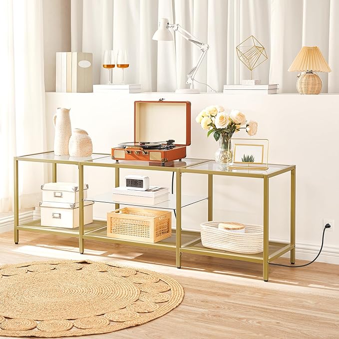 HOOBRO TV Stand with LED Lights and Power Outlets for TVs up to 75", Modern 63 Inch Tempered Glass TV Console Table with Open Shelves, Media Entertainment Center for Living Room, Gold GD165UDS01