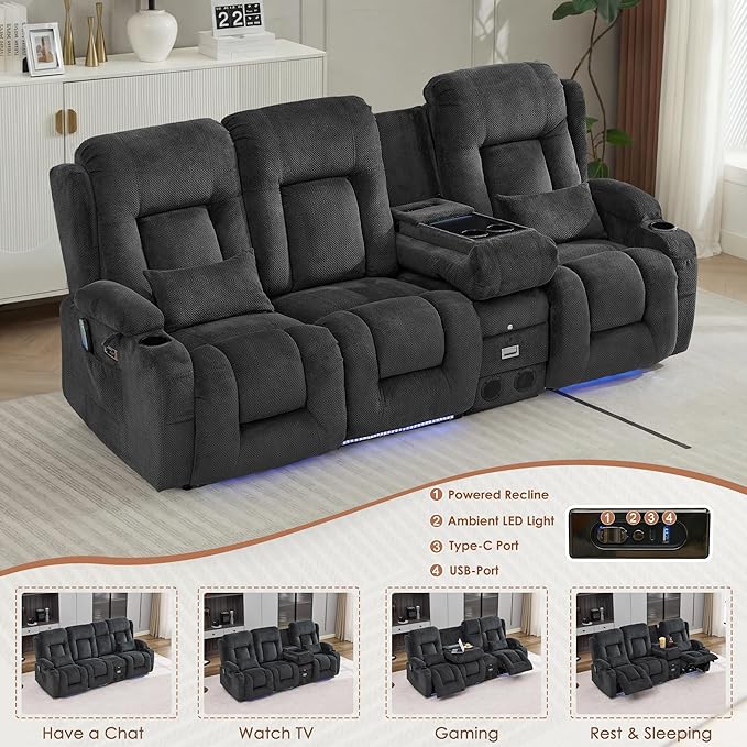TUNYI Wall Hugger Loveseat Recliner Sofa with Console, Power Reclining Loveseat RV Couch with Massage & Heat/USB/Outlet/Storage/LED Light/Speaker (Dark Grey, 4 Seat)