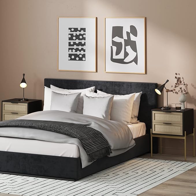 Andrew End, Bedside or Side Table in Matte Black Finish with Two Natural Rattan Drawers Doors for Storage and Brass Gold Accents for Living Room or Bedroom, Black/Cane/Gold, Set of 2