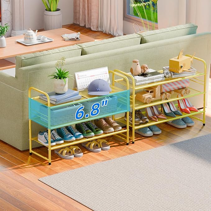 SUFAUY Shoe Rack for Closet, 33 inch Metal Shoe Shelf Heavy Duty, 3 Tier Mesh for Shoes, Gold