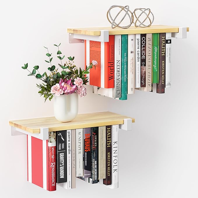 2 Set of Floating Bookshelf with White Shelf Brackets, Pine Wood Invisible Bookshelf, Hanging Bookshelves for Wall, Unique Space Saving Wall Bookcase, White(16.5L×8.7W×1.5H)