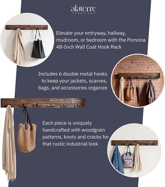 Alaterre Furniture Pomona Entryway Organizer – Modern Rustic 48-Inch Wall Mounted Coat Rack with 6 Hooks – Solid Wood and Space Saving for Jackets, Scarves & Bags in Mudroom or Hallway (Rustic Brown)