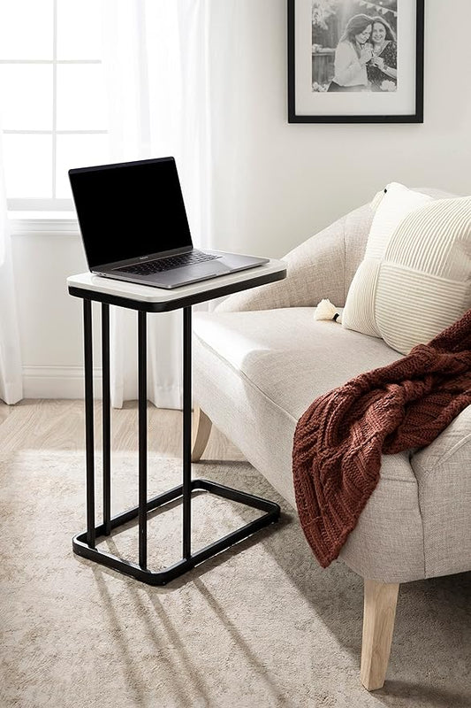 Kate and Laurel Credele Modern Marble C-Table End Table; 12 x 19 x 27; Black and White; Chic Contemporary TV Tray Table with Metal Legs and Cultured Marble Tabletop