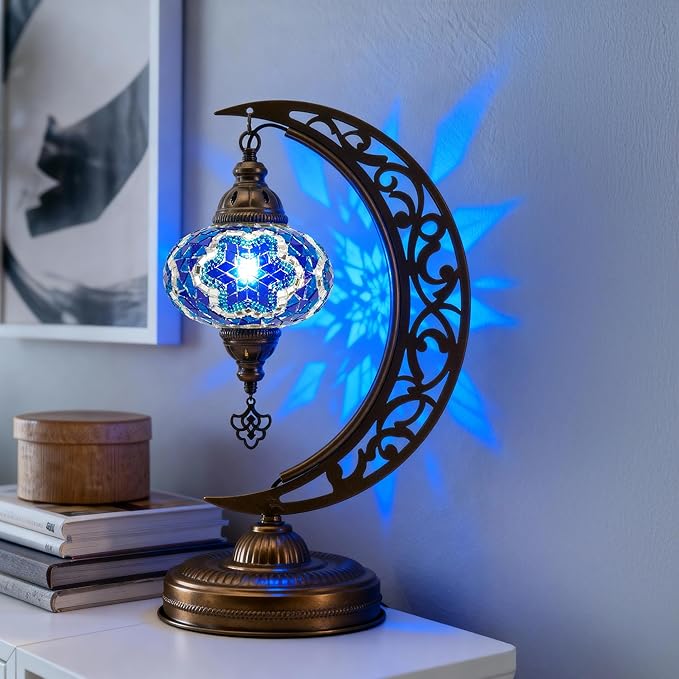 Mozaist Moroccan Mosaic Crescent Shape Table Lamp, Turkish Moon Tiffany Style Handmade Desk Dim Light, Farmhouse Living Room Luna Lighting, Unique Turkish Gift with E12 Socket & US Plug (Sea Blue)