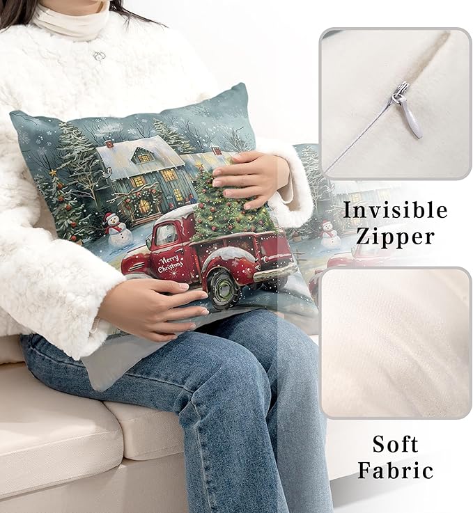 Christmas Red Truck Pillow Covers 16x16 Set of 2 Xmas Tree Cabin Snowman Pillow Case Merry Christmas Cushion Case for Winter Holiday Decorations Couch Bedroom