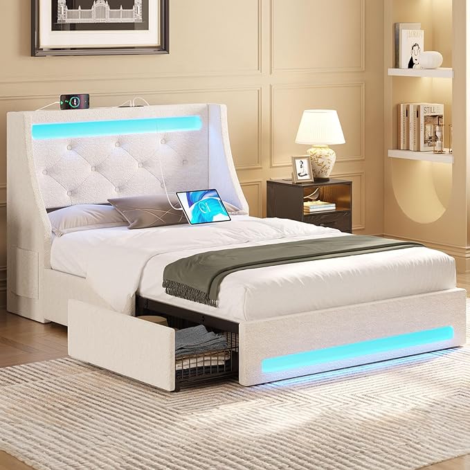 Rolanstar Twin Bed Frame with LED Lights and Charging Station, Upholstered Bed with Drawers, Wooden Slats, Noise Free, Easy Assembly, Beige
