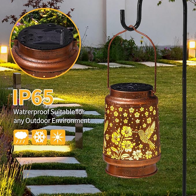 2 Pack Hummingbird Solar Lanterns Outdoor Waterproof Garden Decor Birthday Gifts for Women Mom Grandma Hanging Solar Lights Metal Lantern Decoration Outside for Porch,Patio,Yard,Backyard
