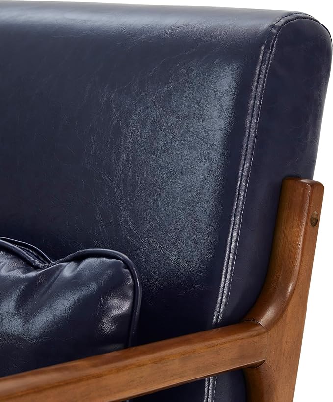 Glitzhome 30.75" H Mid Century Navy Blue Accent Armchair, Single Reading Armchair PU Leather Lounge Chair with Walnut Ruberwood Frame
